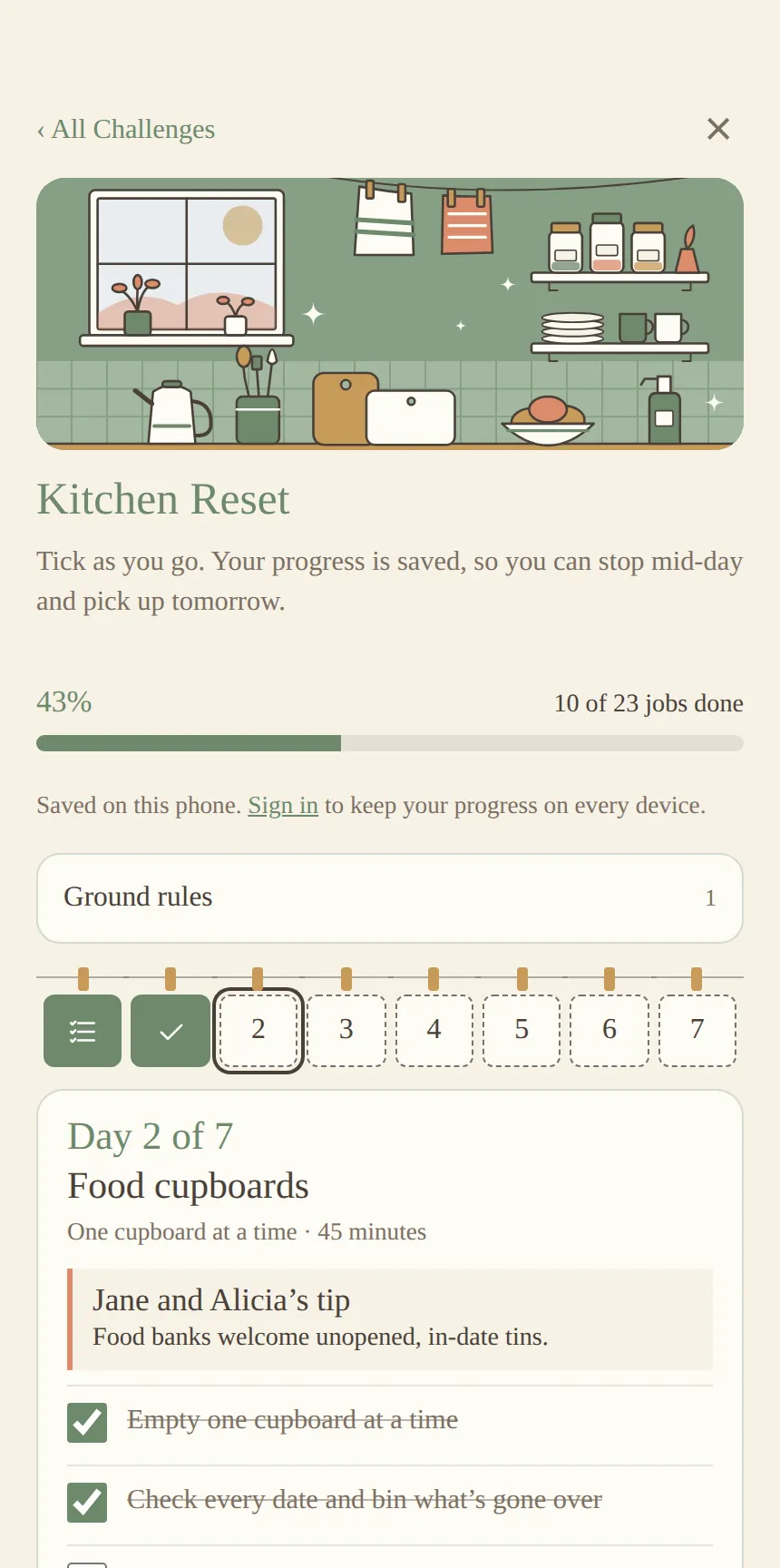 The Kitchen Reset challenge on day 2 of 7, Food cupboards, with some jobs ticked off and Jane and Alicia's tip